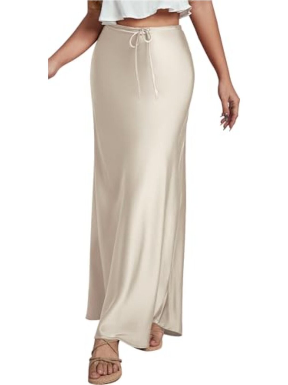 Womens Satin Maxi Skirt High Waist A-Line Flowy Mermaid Hem Drawstring
